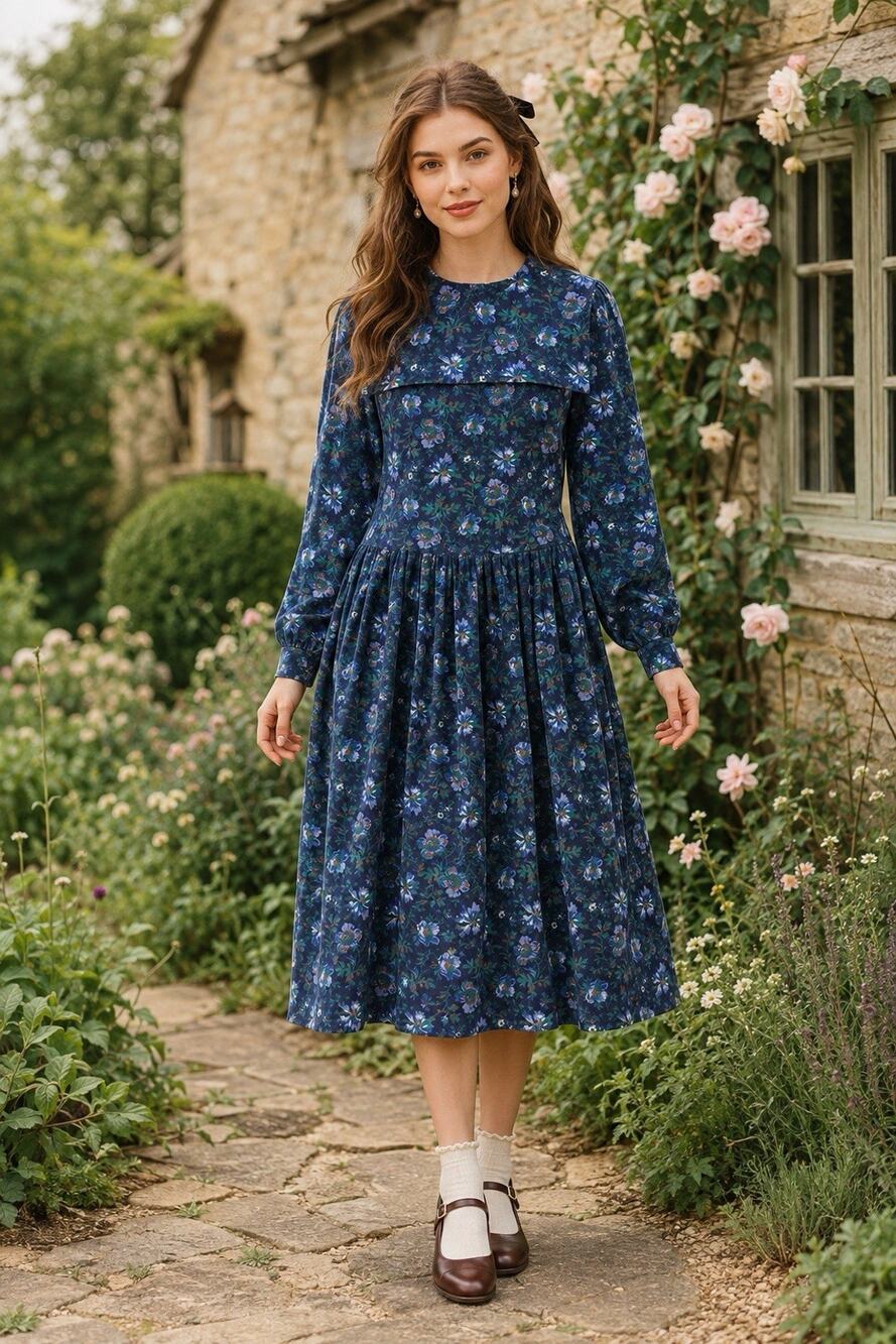 Vintage Laura Ashley Dress US 10 Blue Floral Corduroy Cottagecore Midi